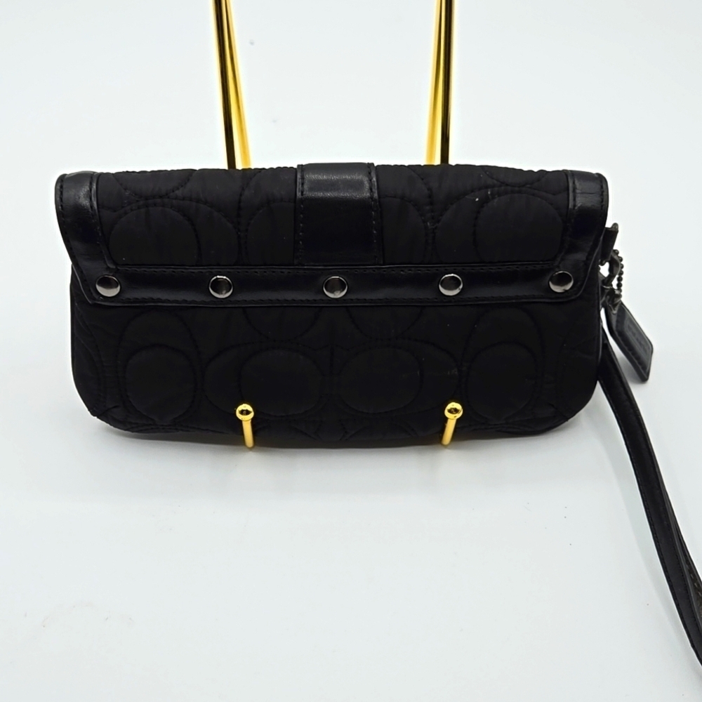 COACH Wristlet Puffer Black Material w/ Signature C Print Chrome Belt Closure - Picture 5 of 9